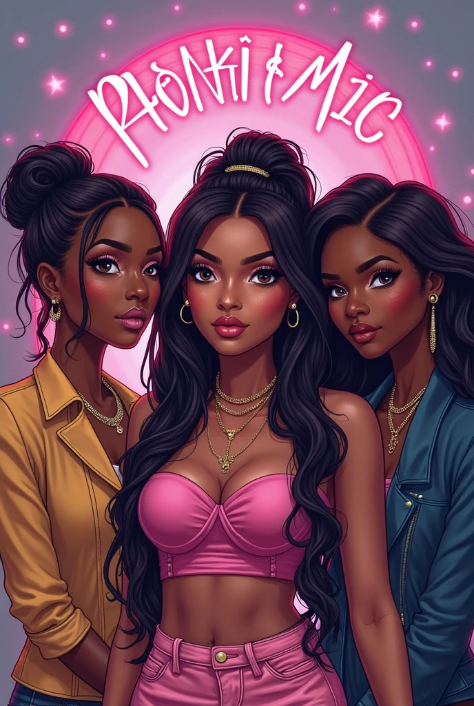 Style manga, a 3 woman, noire, cheveux longs bruns, Brown eyes, flat nose, full lips, extension cils, gold creoles, golden necklace, elle sourit