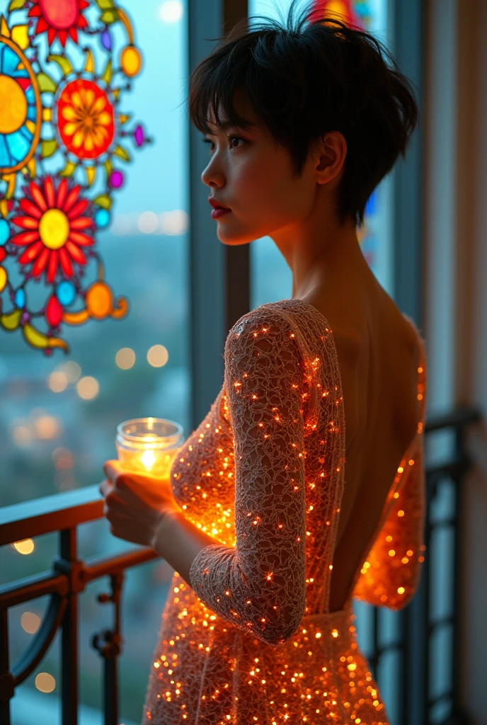 (masterpiece, Highest quality), 8k,(((Very detailed))), Race:1.8,Super intricate Race pattern,colorful Race pattern,Stained glass background transparent body, Mandala,light up,cold, 1 female,Open Back, 18 years old、Photo of Lee Jae, tumbler, shin hanga, sultry body with セクシー belly, Sexy girl, Young sensual elegance, Sexy body, delicious, Sexy look, Very Short Hair、Shooting on the balcony of a luxury hotel、Intelligent face、Narrow waist、Large Breasts、drool coming out of the mouth、Smile a little、EOS 50mm F2, Blur the background、