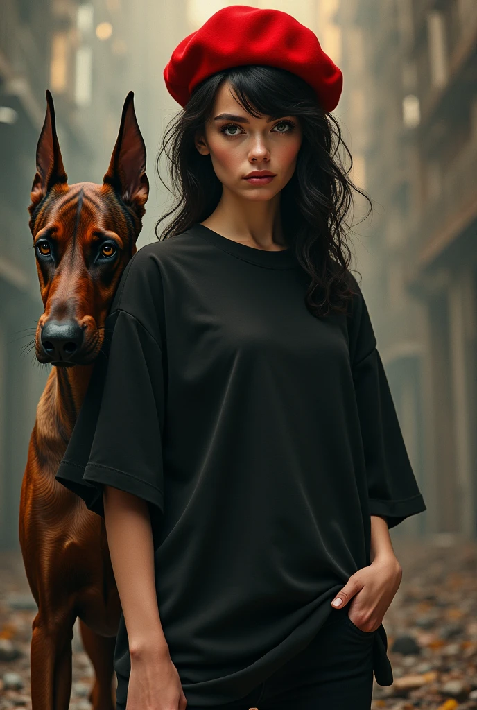 (Highest quality), (masterpiece), (High resolution), (Intricate details:0.2),(Professional Lighting), room, Detailed Background, Oversized black t-shirt, Off the shoulder, (Previous View), One person, alone, (Beautiful Face:1.40), The body is slim, Fine skin, smile, Long ponytail brown hair, Sky blue eyes, (Medium sized beast:1.10), View in viewer,