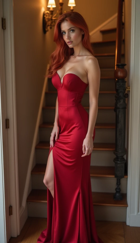 Woman long ginger hair, red dress, bra big breasts standing in a sexual position for bdsm flat abs skinny muscle abs flat belly show bubble ass, smiling, happy face, teeth, luxury staircase, light, plants, statues, no nsfw