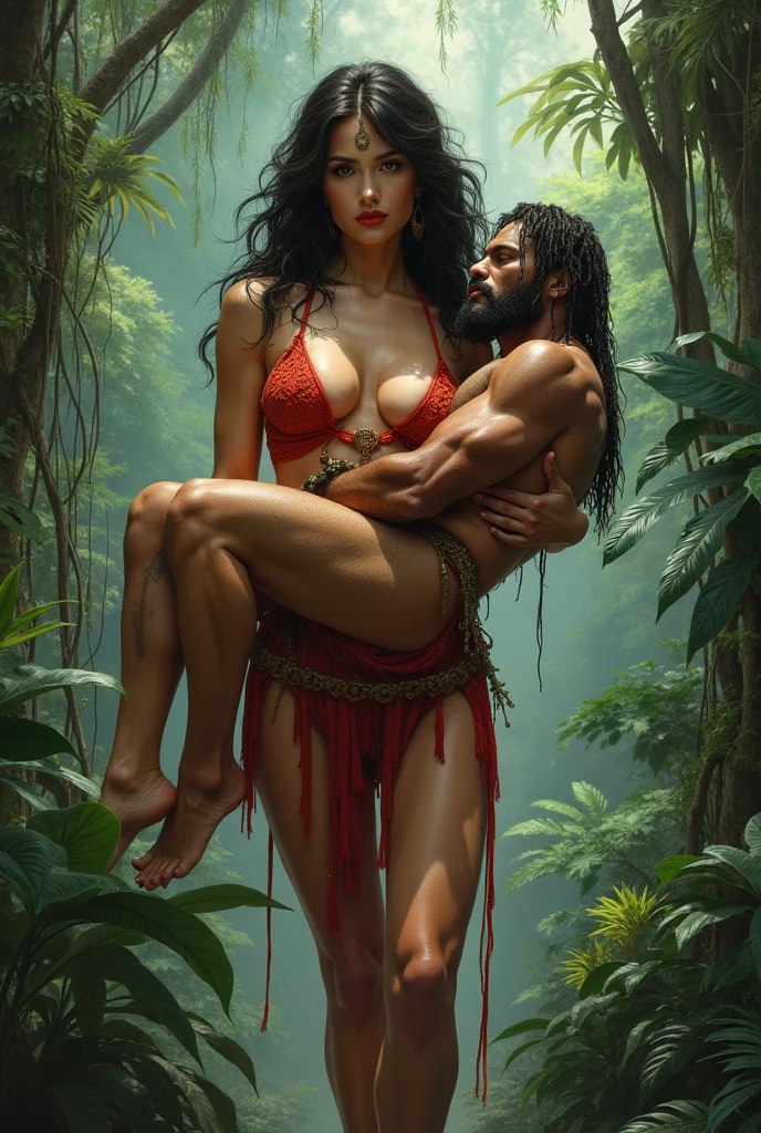 A couple cuddling, Lucy Pinder as Jane Porter, completely naked, short brown hair, breasts and pubic hair visible, and Tarzan, handsome, long sharp nose, shirtless, robust, standing in a river, in the jungle, full body view, photorealistic, High resolution