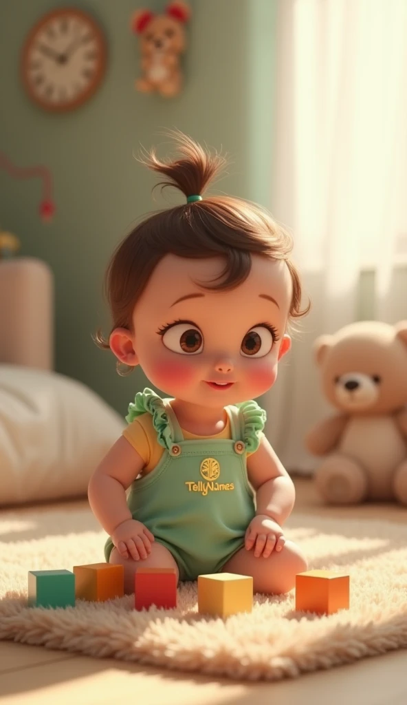 A 3D cartoon image of a 1.5-year-old baby girl wearing clothes and drinking milk quietly with a bottle in one hand