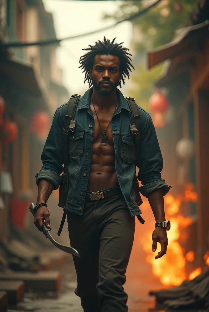 black male, eyes browns, brawny, Cao Cao, short dreadlocks hair, light blue mid-length collared jacket, shiny black overcoat, gray biker pants, clear boots, sword in hand. pants over boots,