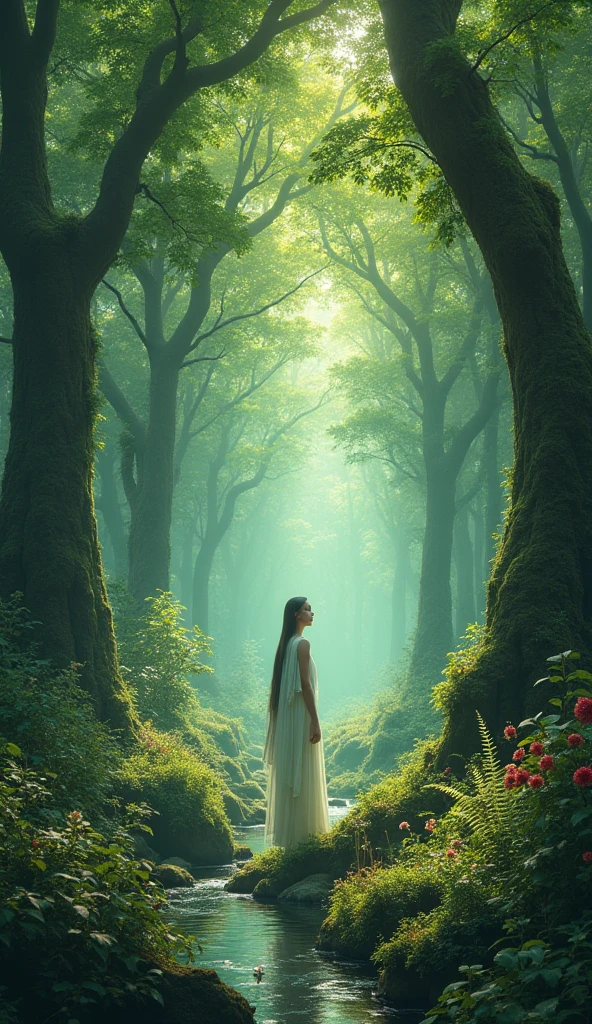 Best Quality, 4K, 8K, hight resolution, ​masterpiece, Ultra-detailed, Realistic, Cinematic lighting, bird's-eye view, 1girl, Small breasts, sitting in the woods with a flower in her hand, dryad in the forest, goddess of the forest, enchanted with nature spirit, goddess of nature, forest soul, forest dryad, nature goddess, inspired by Igor Kieryluk, forest fae, forest spirit, beautiful digital artwork, earth goddess mythology, mother nature,  in a serene forest bathed in morning light. The scene should depict in a peaceful setting, surrounded by lush greenery, with trees whispering gently in the background. The mood is calm and meditative, capturing the moment of connecting with the tranquility of nature, reflecting the quiet whispers of the green forest."