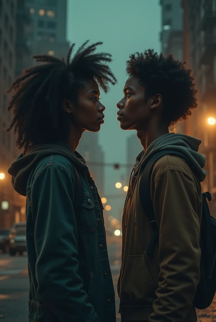 Este prompt es claro y preciso, capturando todos los detalles que querías incluir. Aquí está en inglés:

### English:
"Create a dark, moody scene featuring a young, light-skinned man with curly, frizzy hair standing in front of a cracked mirror. His reflection shows two sides: one glowing with a soft, golden light, symbolizing his true self, and the other shadowed, representing the persona society expects him to be. The background is urban, with crumbling walls and dimly lit streets, conveying a sense of decay and struggle. The colors should be muted, with deep blues, grays, and touches of gold. In the reflection, faint digital symbols, like likes and numbers, float around, emphasizing societal pressures. The young man is dressed in streetwear, looking determined yet conflicted. Above the mirror, the word 'Gemini' is inscribed, and below 'Gemini,' the word 'RHAYNOPG' is written in a smaller, ornate gothic font."

This version keeps both "Géminis" and "RHAYNOPG" on the mirror, with "RHAYNOPG" appearing smaller beneath "Géminis," as you described.
Que muestre la realidad de dos mundos paralelos