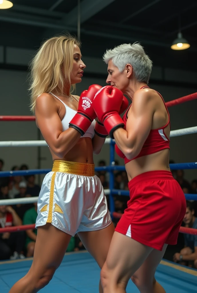 Live sports screengrab. Tight angle Realistic photo. Two (Topless:1.3) middle-aged celebrities with big titty, fight, punching her  in boxing ring, rough, Sports action, sweaty. Tight Neon g-string thongs