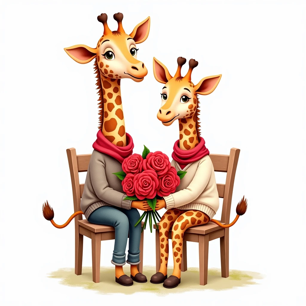 , a watercolor painting of a pair of giraffes , , cute,Big eyes, white background , high resolution , holding a large bouquet of red roses ,Wearing a long-sleeved sweater, , Red Scarf , sitting on a wooden chair,