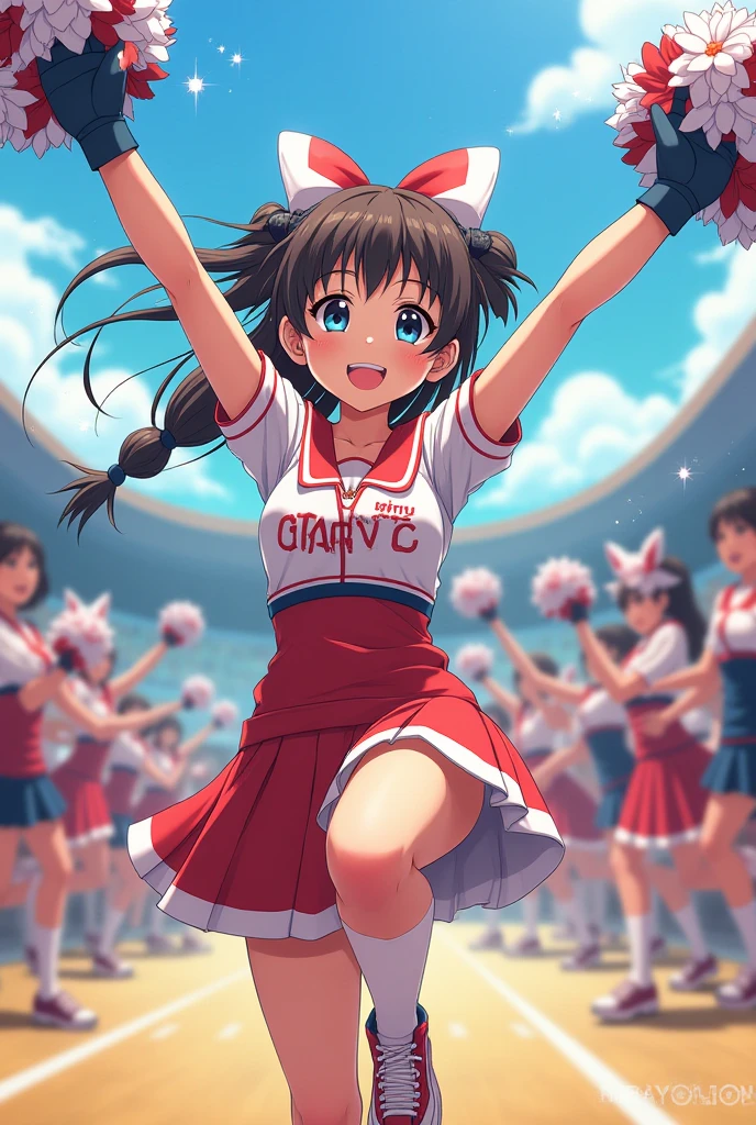 (brown hair:1.25),(brown eyes:1.25),(braided short hair:1.3),(With bangs),(blush:1.3),(cheering squad costumes:1.4),(school uniform:1.4),(white gloves:1.4),(A headband is wrapped around the forehead:1.4),(Banner for support:1.5),(cheering squad flag:1.5),(Flag fluttering in the wind:1.35),(They are waving their hands in support:1.35),(SakuraFubuki:1.4),(colorful confetti:1.35),(A big smile:1.5),