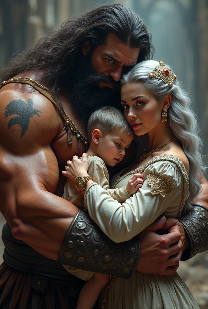A gigantic barbarian with impressive muscles, with hair as black as night and deep brown eyes, embraces his royal wife with surprising tenderness, contrasting with its brutal appearance. To wife, an elegant and graceful figure, wear clothes worthy of your position, com um ar de nobreza than destaca sua beleza refinada. in your arms, ela segura o filho pethanno, whose silver hair and violet eyes sparkle with a mixture of innocence and the promise of an extraordinary future. standing together, this unique family, united by bonds of love and contrast, finds solace and protection in the arms of the warrior, than, despite its immense strength, demonstra uma suavidade inabalável para athanles than ama.
