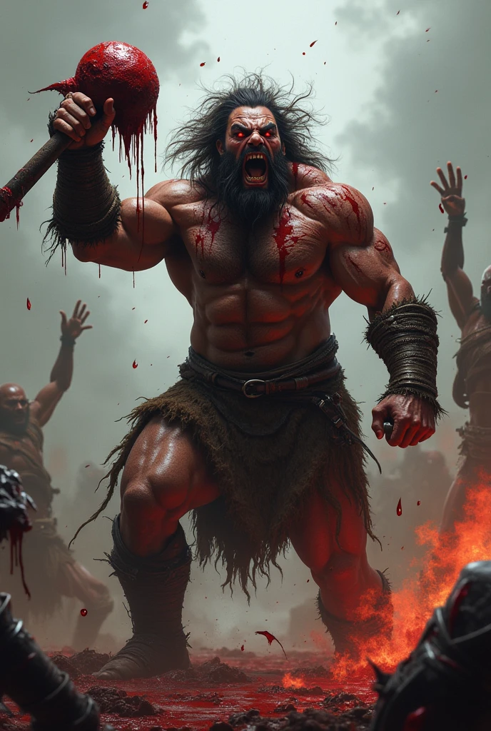 Muscular Viking Warrior, bearded, naked torso, wielding a bloody axe in one hand and the head of an enemy in the other. angry look, shouting victory, beard with blood