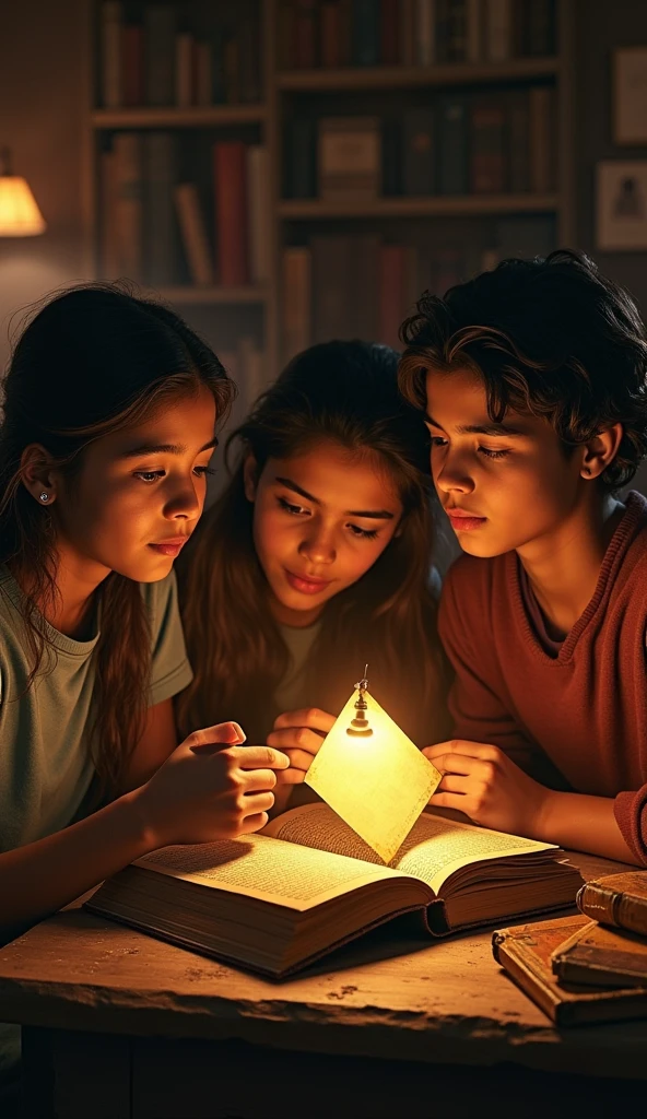 Reading the Letter
**Visual**:
- Close-up of Sunita holding and reading the letter, the camera zooming in on the text.
- The letter’s text illuminated with a soft glow.
- The other kids peering over her shoulder, their faces lit by the light of the flashlight.
- Expressions of excitement and confusion as they decipher the clues.