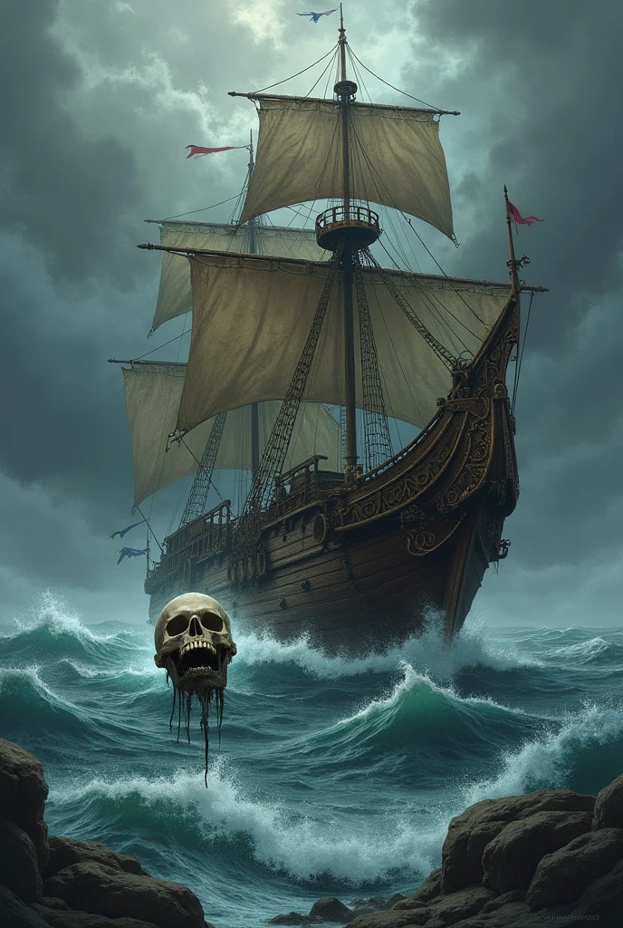 Create professional logo for a web site inspired by The Pirate Bay's iconic style, featuring a Viking drakkar in full sail. The drakkar should have a powerful, imposing presence with a slightly aggressive and rebellious feel. The sail must be solid black, prominently displaying a detailed skull with a bandana, integrating sharp, clean lines for a more polished look. The Viking shields along the side of the ship should stand out with alternating black and yellow colors, but the overall color scheme should maintain a dark, intense atmosphere. The logo should evoke a sense of movement and strength, capturing the raw, untamed spirit of the sea, much like The Pirate Bay logo does, but with a distinctly Viking identity. It should be intricate enough to avoid looking amateurish, yet maintain a sense of minimalism for versatility and impact
