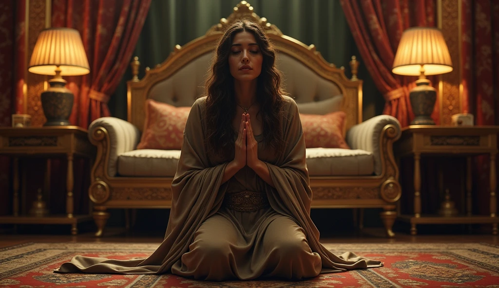 Saudi woman sitting crossed legs with a cigarette in hands gets her shoes polished by her crying maids