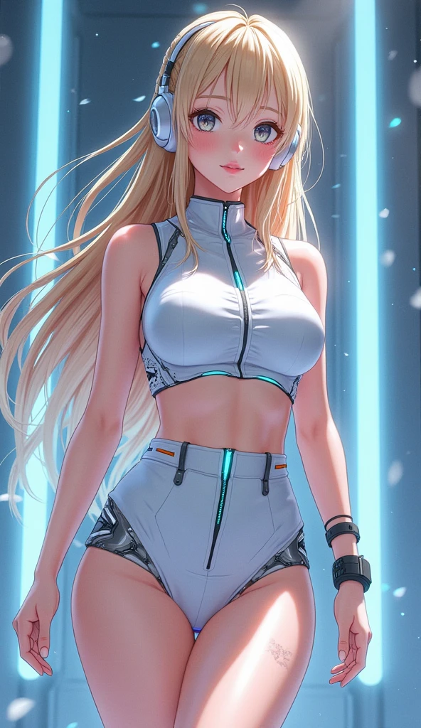 Anime style, super fine illustration, highly detailed, beautiful detailed, pale tone image, static representation, gentle expression, 8k, pretty 1girl with blonde straight short hair & blue eyes & a bright smile & huge breasts & soft fair skin is wearing the black skportswear  & sportshorts & sportsjaket in the park, in the morning, in the brilliant particles of lights, romantic stories, solo, perfect 5fingers, perfect arms, perfect legs, masterpiece.