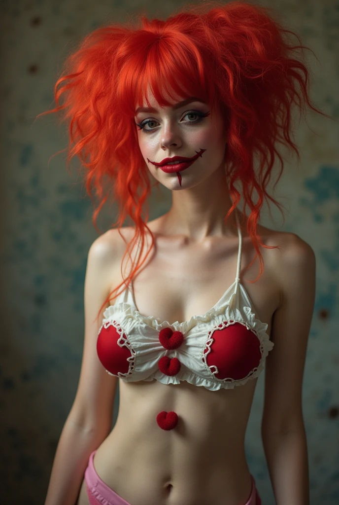 A young beautiful woman is posing in a mini skirt and bra, she is flirting, in a red room decorated with weapons, she is looking over her shoulder towards the viewer, seductive, wide hips, slim waist, bright blue eyes, 8k, war face paint, best quality, detailed face, bright red hair, white skin, big butt, curvy, white skin, wide muscular back and slim waist, she is looking over her shoulder towards the viewer, a smirk, long ginger hair, very white skin, very beautiful, she is sensual, blushing, curly hair, horny, straight ginger hair, huge butt, warrior face paint, red lipstick, hourglass figure, wide hips, wide hips skinny waist, blushing, hourglass figure, sexy, fitness model, sexy body, thick thighs, sweaty, very big butt, huge round butt, a very short mini skirt