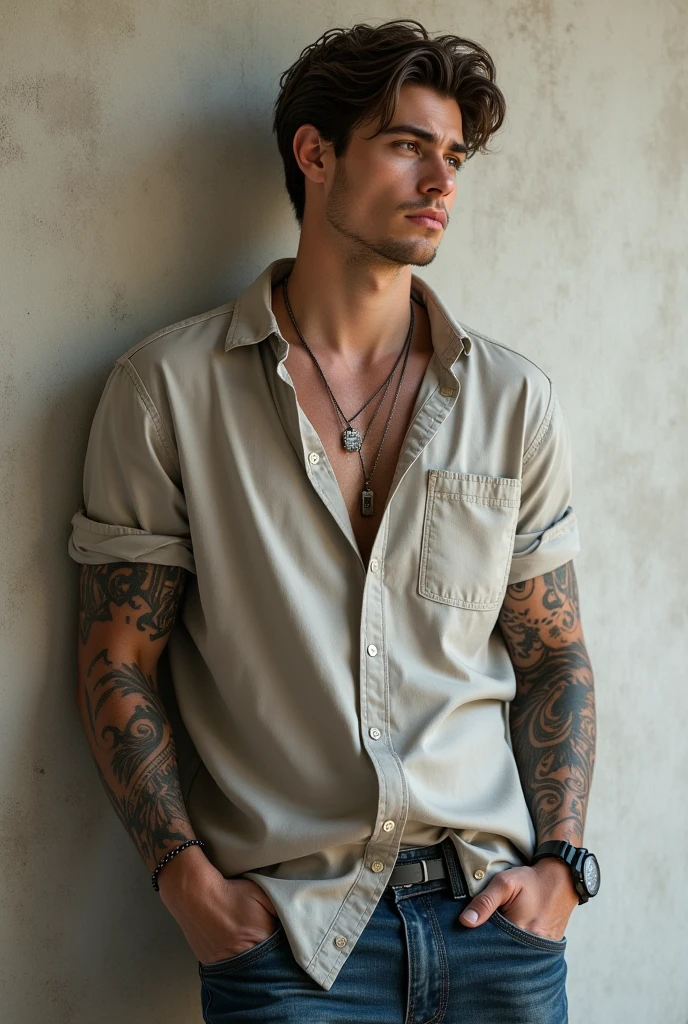 Masterpiece, Johnny Depp dressed in very tight jeans and ((white shirt unbuttoned)). Photorealistic, 8k, detailed face, high quality, hyperdetailed