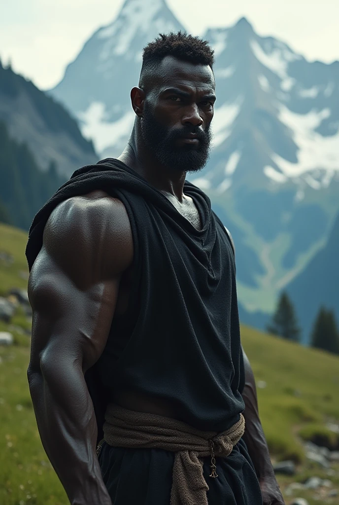 I would like an image of a young, 29-year-old, dark-skinned, strong, bald man with a beard, alone, looking at the horizon in a beautiful, striking landscape that has everything to do with the following phrase: , " No distractions, only God, me and my goals".