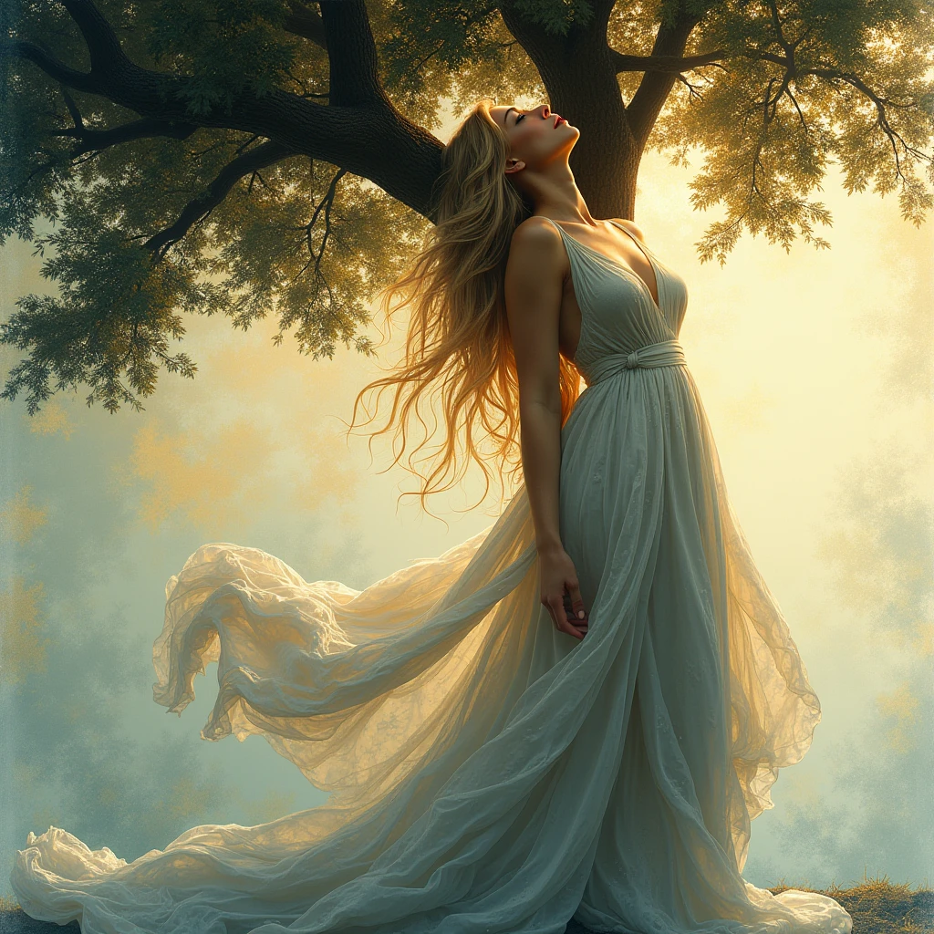 artwork by Gladius, sensual moody light, beautiful naked woman Amidst a sunlit forest glade, the model is draped in gossamer fabric that billows with the wind, teasing glimpses of her form as sunlight filters through the leaves