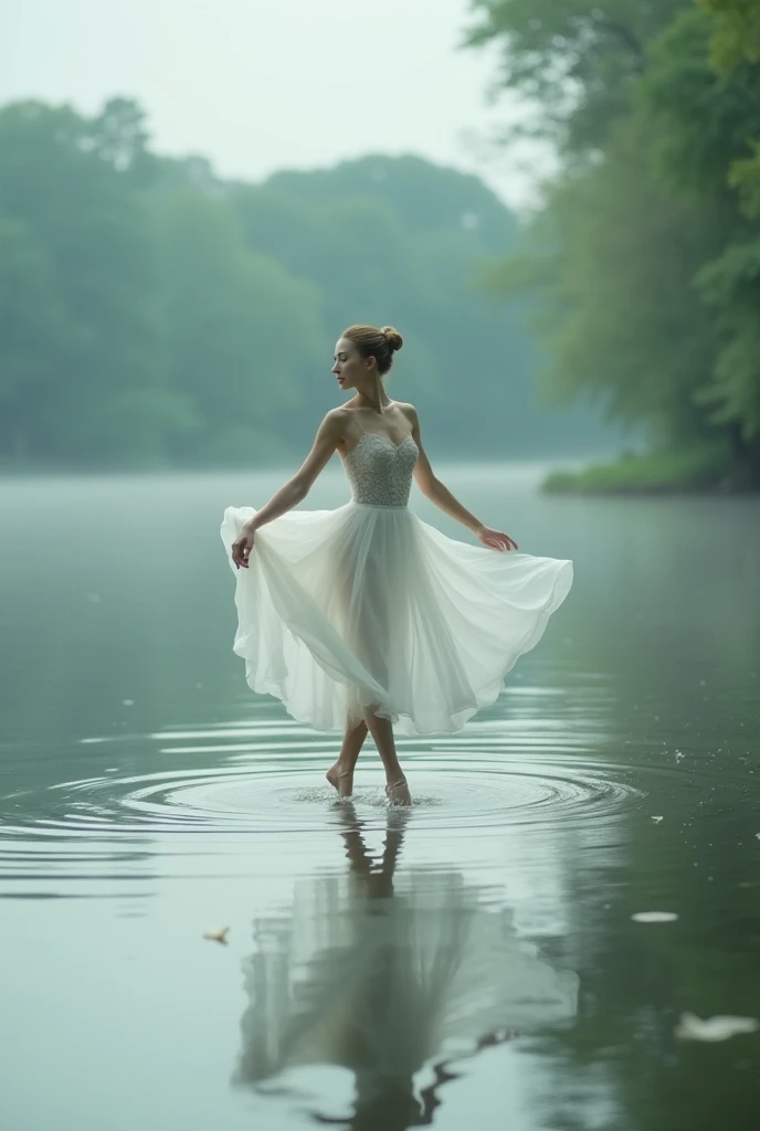 a woman gently performing a quagmire ballet on the shore of a pond 