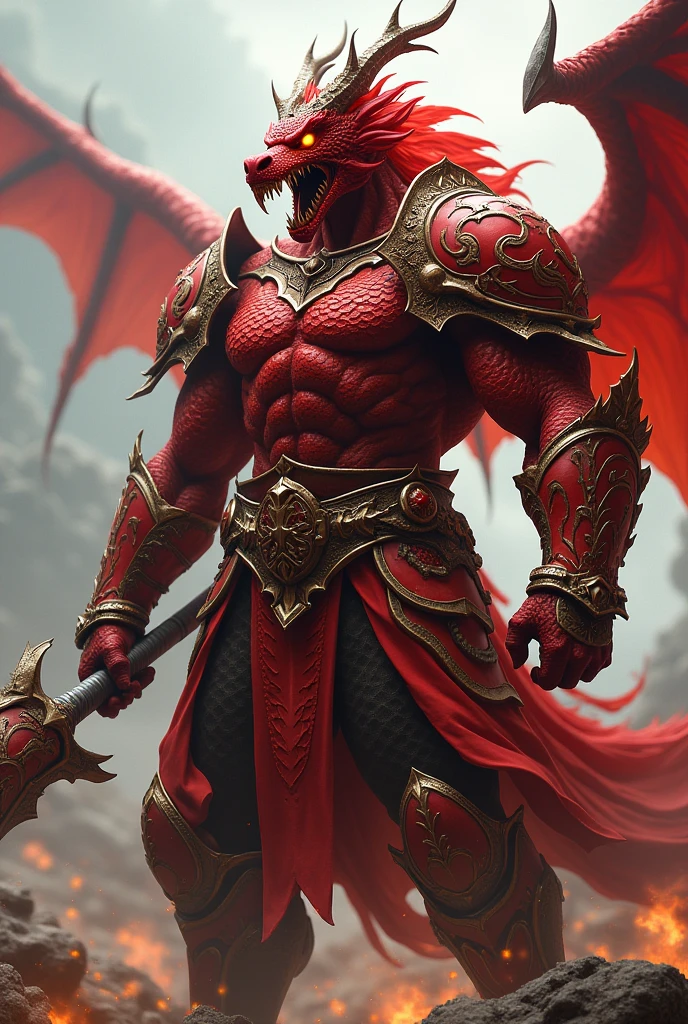 Mysterious Dragon, legendary Dragon King king, Shock sensation, Big and strong, hiten, dutch_angle, Fighting stance, transformed body, mature, smirk, red dragon eye, fang, Dragon pattern, Tyrannical, Burning sky, fighting, hair with body, very precise detailed, very fine 8K CG wallpaper, absurdres,