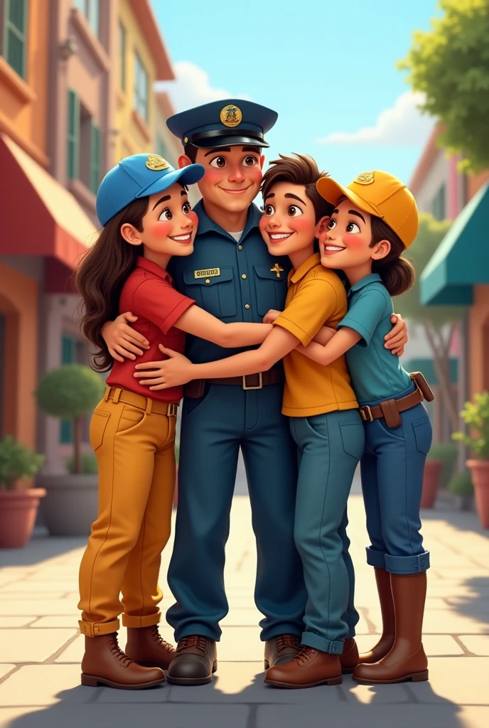 Children's drawing of images with barias children dressed in military clothes of the navy, army and firefighters next to Jesus in 3D