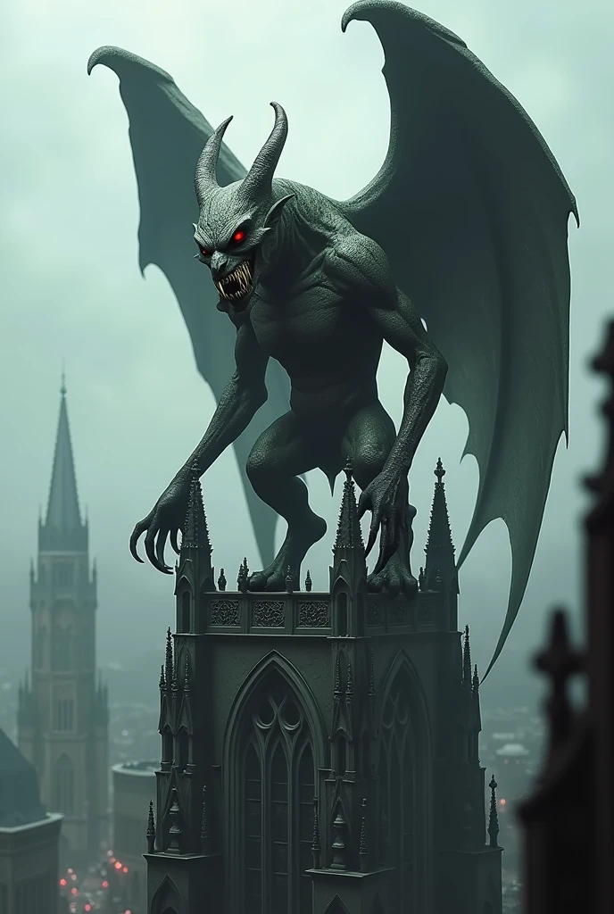 a gargoyle with horns and large wings