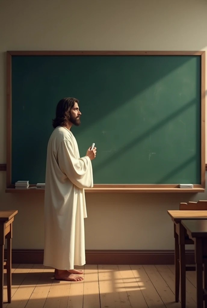 The classroom blackboard is clean and Jesus has the chalk in his hand