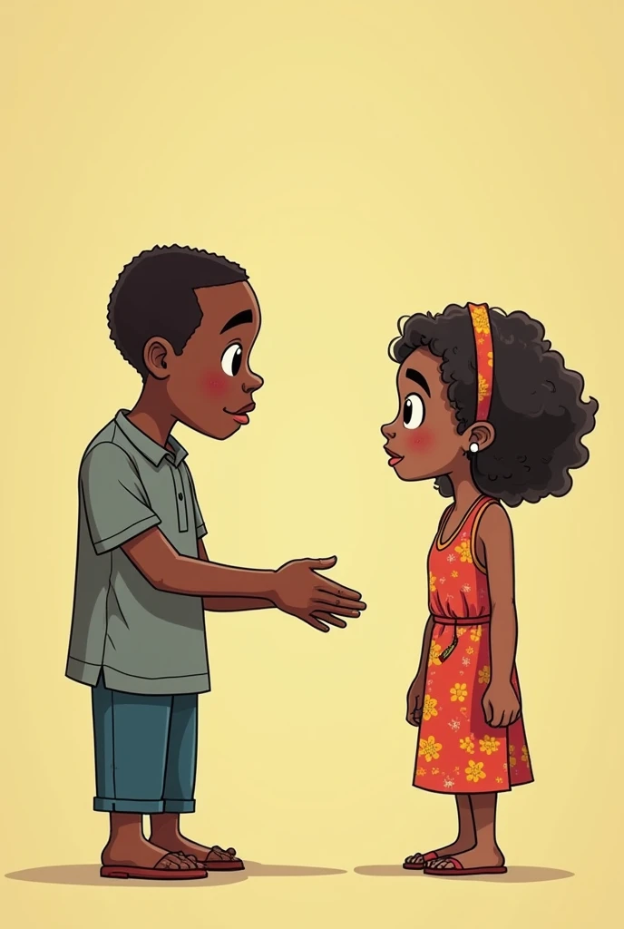 An africa. boy and a girl stan
ding doing no with hand gestures
