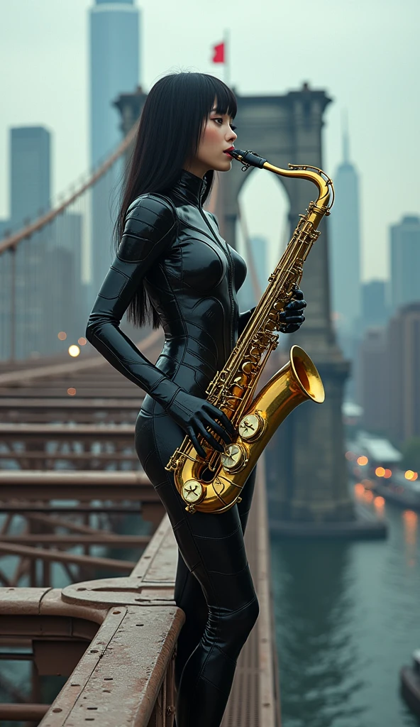 photo-realistic, ultra-realistic, very beautiful Japanese futuristic soldier, famous Japanese idol, 25 years old, dramatic scene, masterpiece, beautiful eyes, playing the sax at the top of the brooklyn bridge, skyscrapers, cyber punk mecha armor suits, dynamic pose, dynamic angle, sitting on the dangerous edge