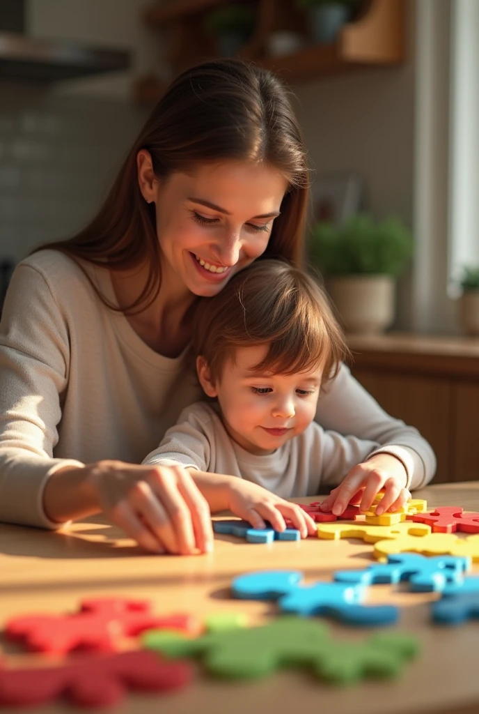 Mother putting together two or three piece puzzles with her one-year-old son