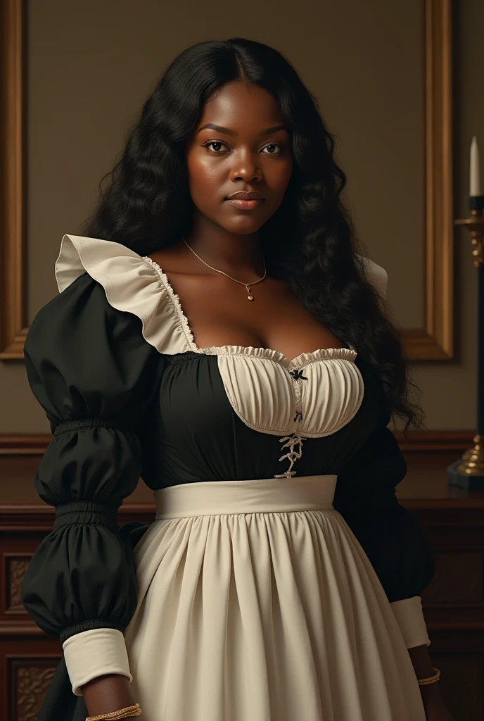 An African-American woman dressed as a 19th-century maid, long hair, big boobs, shy, realistic