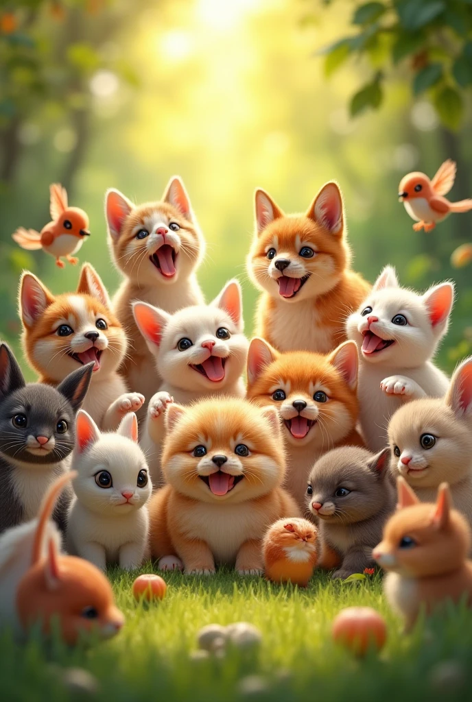 Photo of different very cheerful domestic and wild animals