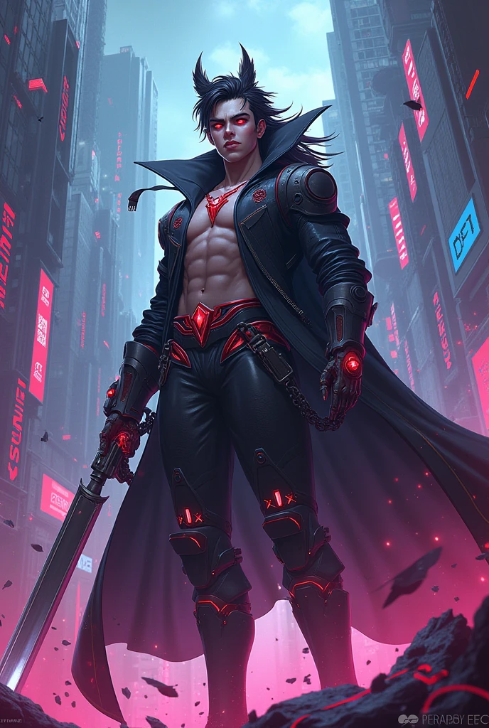 A DEMON (MAN) (30 YEARS) WITH RED EYES CYBERPUNK STYLE PORTRAIT STYLE (long hair)(full body) very strong --auto --s2