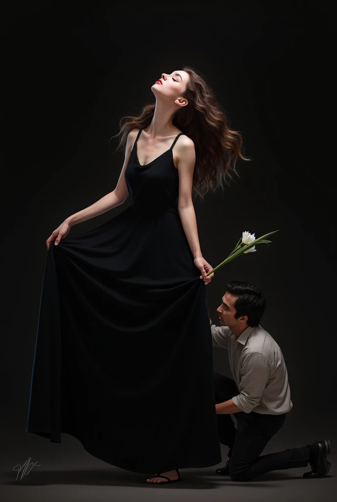 Man kneeling in front of beautiful woman wearing black dress and black high heels 