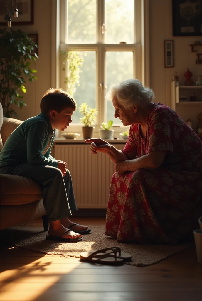 At home，The children are dressed very thickly，Arguing with his kind grandmother