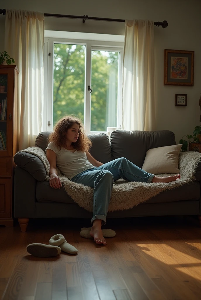 Greta thunberg,thick thighs,sitting on a couch,wearing juicy blue sweatpants,legs wide open,small teenage breasts