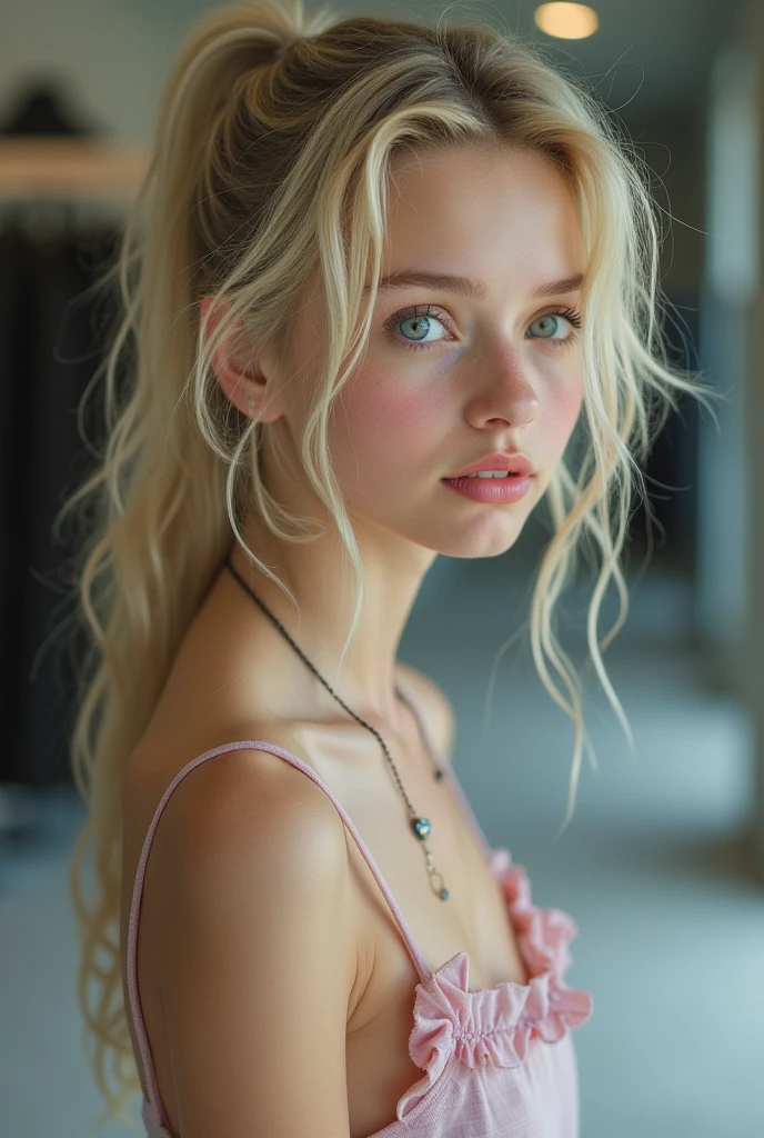 23 year old young woman, green eyes, extremely beautiful, long hair, shot on Kodak gold 400. pastel colors. hyperrealistic, 8k, best quality, masterpiece, pink highlights on hair, blonde, young look, slight smile