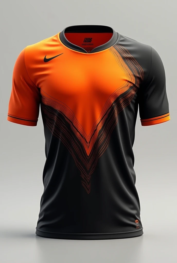 I would like you to create a shirt for a football team that has black and white on the sleeves., but in the chest and back part orange and with details, lines, degrade or similar in white