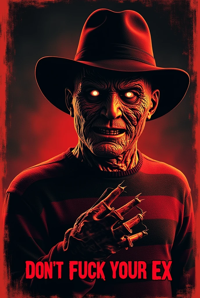 Freddy Krueger, Highly detailed, stylized illustration featuring a menacing figure with a grotesque, scarred face and pale skin. The character is wearing a dark brown fedora and a red and green striped sweater. His right hand is equipped with a glove that has long, sharp blades extending from the fingers, which are dripping with blood. The background shows a suburban street with a street sign labeled 'Elm St.' and a full moon illuminating the night sky. The overall color palette is dark and eerie, with a mix of deep blues, greens, and reds, enhancing the horror theme of the image.anatomicamente correto, super detalhado, alta qualidade, 4K, anatomicamente correto, altos detalhes, superdetalhado, 4K