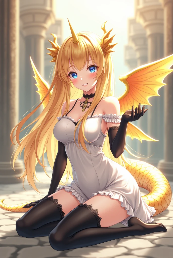 1girl, (Feminine), curvy body, solo, masterpiece, bedroom, bed, scenery, (dragon girl:1.2), dragon, yellow scales, yellow hair, dragon horns, dragon tail, yellow eyes, slit pupils, (scales, scalie:1.2), (wearing sexy black dress)