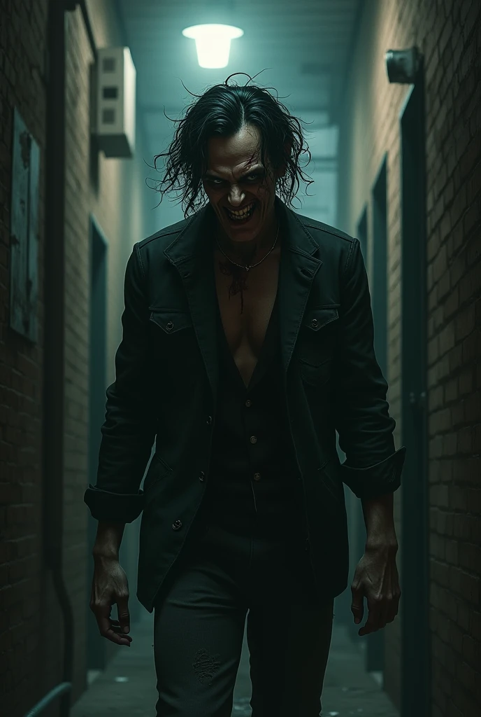 Man with joker makeup , bare torso with meaningless tattoos , scars on the face and chest , knife in hand , mysterious face and at the same time it gives off sadness , athletic body , 