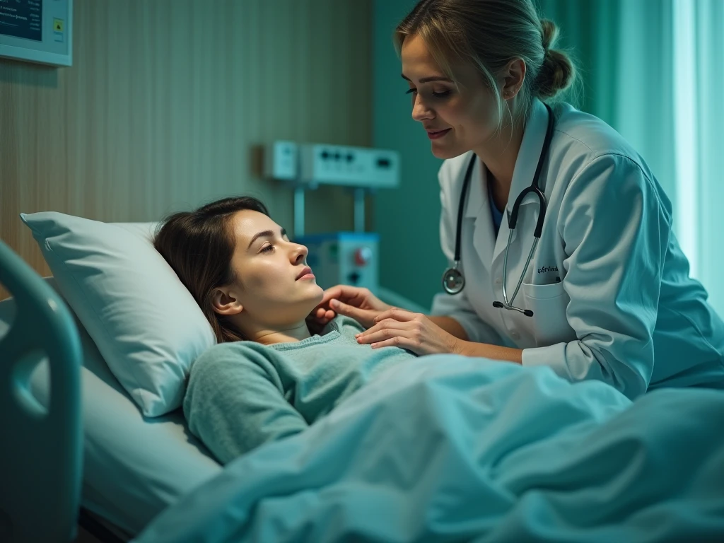 nurse falling asleep with a syringe in hand, sitting besides a patient. with patient sleeping in a hospital bed in a 50's vintage cartoon style