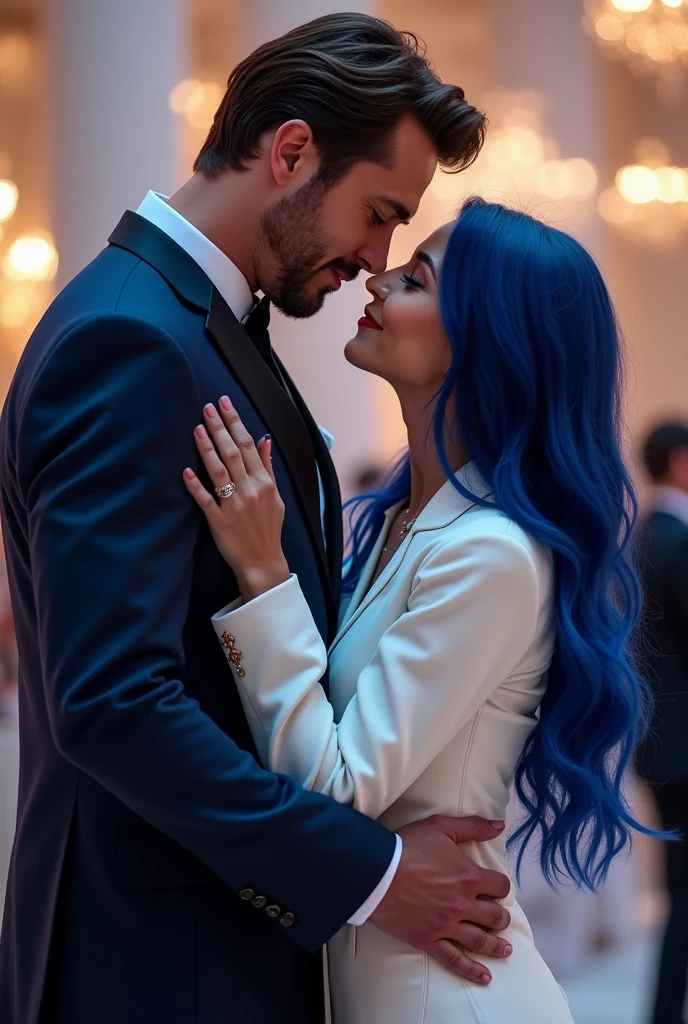 The blue shadow of a man in front of the shadow of a  pink  woman just touching each other's hands. Their hands are purple.