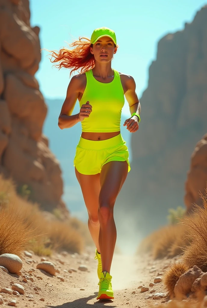 Freeze a moment of vitality with an image of a woman with (short pink hair) trail running through an emerald forest. She’s outfitted in (vibrant lemon running shorts and a jet-black tank top), creating a striking contrast with the lush greenery. The camera captures her mid-stride from a low angle, with the dappled sunlight filtering through the tree canopy above. The lighting is dynamic, spotlighting her and casting elongated shadows that follow her swift movement. This photo illustrates the essence of agility and the serene intensity of running amidst nature’s untouched beauty