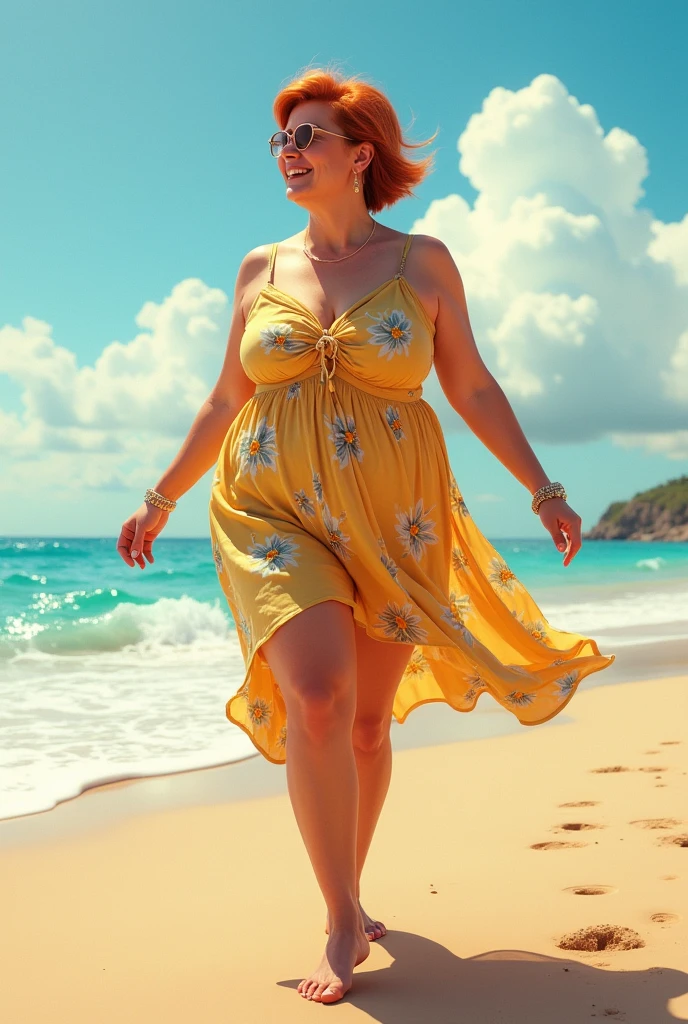 Woman 5 , caucasiana . brownhair, black eyes, overweight. She wears a mature woman look with heels, colorful dress and jacket. bonitas. She's in the Hamptons , in front of the sea