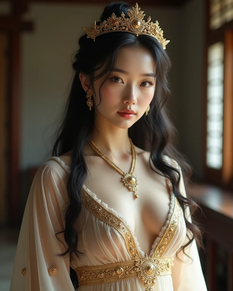 a beautiful young korean girl, 18 years old, nudity, femininity, nakedness, detailed nipples, detailed pussy, hairy pussy, in a joseon era's princess at a palace, delicate and ultra feminine, naked with medium breasts and big pubic hair, (best quality,4k,8k,highres,masterpiece:1.2),ultra-detailed,(realistic,photorealistic,photo-realistic:1.37),HDR,UHD,studio lighting,ultra-fine painting,sharp focus,physically-based rendering,extreme detail description,professional,vivid colors,bokeh,realistic portrait