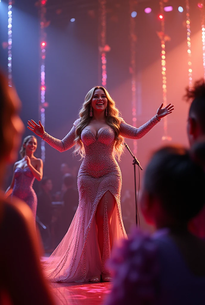 lucy pinder, smiling, sexy, voluptuous, neckline, Adele, sequin dress, singing