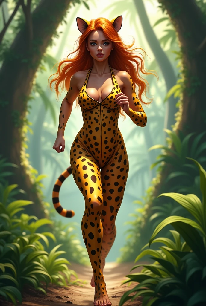 Girl with cheetah skin, ginger hair, fangs, claws, tail, big breasts, furry, photorealistic