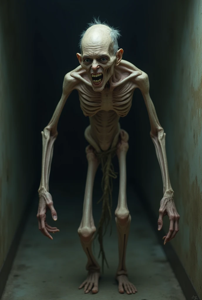 creature with long arms and a mouth that goes down to his chest, his skin is white and pale and his body is thin and skittish with large claws at the tips of his fingers, his eyes are deep and marked, staring deeply at whoever observes him, he is tall and it is in a dark and abandoned environment where it is not possible to see it completely and in detail