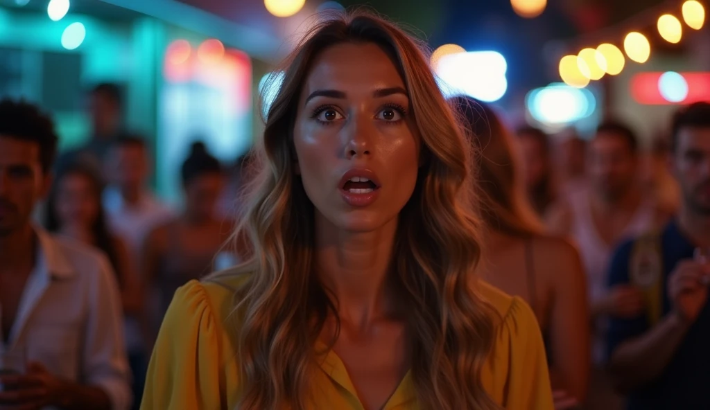A surprised woman with long wavy hair and a questioning expression, wearing a yelow top, her eyes wide open looking straight into the camera and her mouth slightly open in shock or disbelief, her body and face illuminated by a cool white light.
The blurred background shows a lively night scene with people chatting and drinking drinks. The woman should be very well lit with a cool white light, this light should make the woman stand out against the blurred background